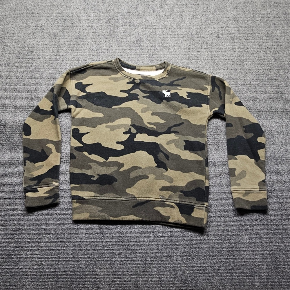 Abercrombie Kids Camo Crewneck Sweatshirt Green Camouflage Moose Logo Size 9/10